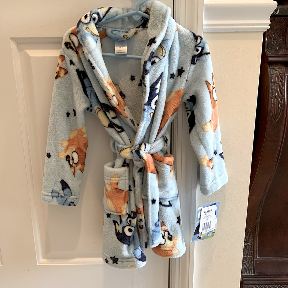 Kids Robe soft fleece w Bluey Cartoon Print - Blue and Orange, size 3T - Picture 3 of 7